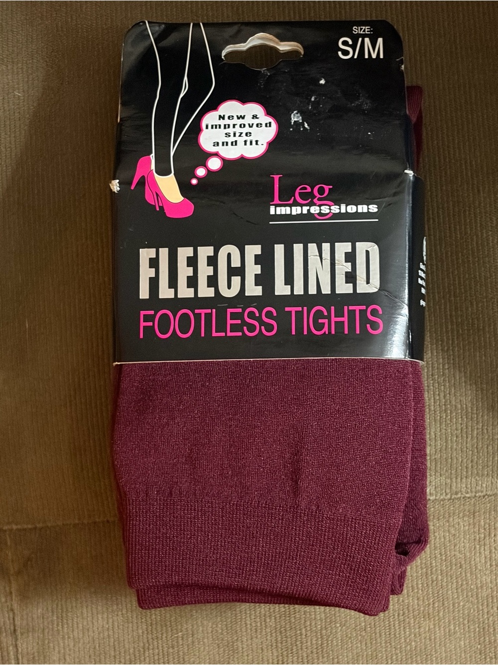 Leg Impressions Women's Burgundy Fleece Lined Footless Tights Size Small-Medium